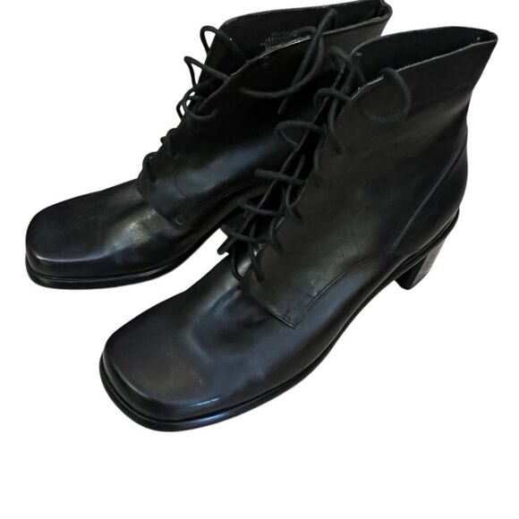 Vintage 90s Y2K Black Leather Square Toe Lace Up Ankle Boots 8.5 Whimsigoth - Picture 4 of 15